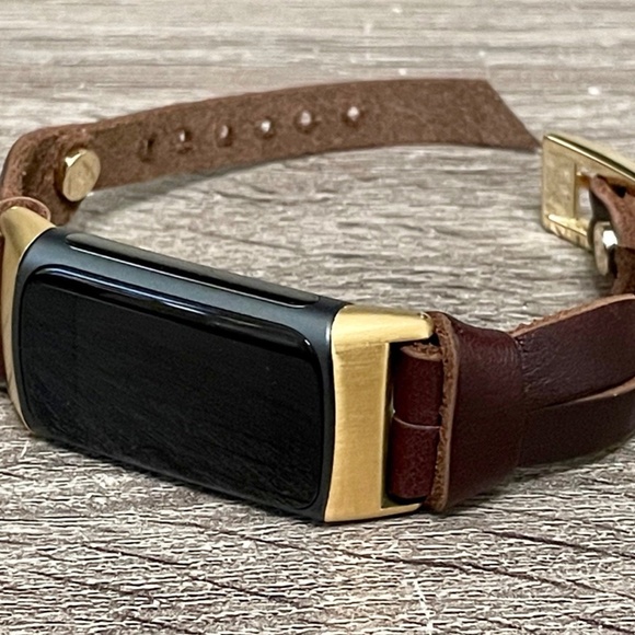 Dark Brown Slim Leather Strap Gold Fitbit Charge 5 Band Women Delicate Bracelet - Picture 6 of 8